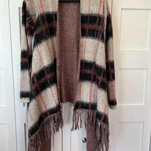 Lucky Brand Plaid Fringe Open Cardigan Sweater